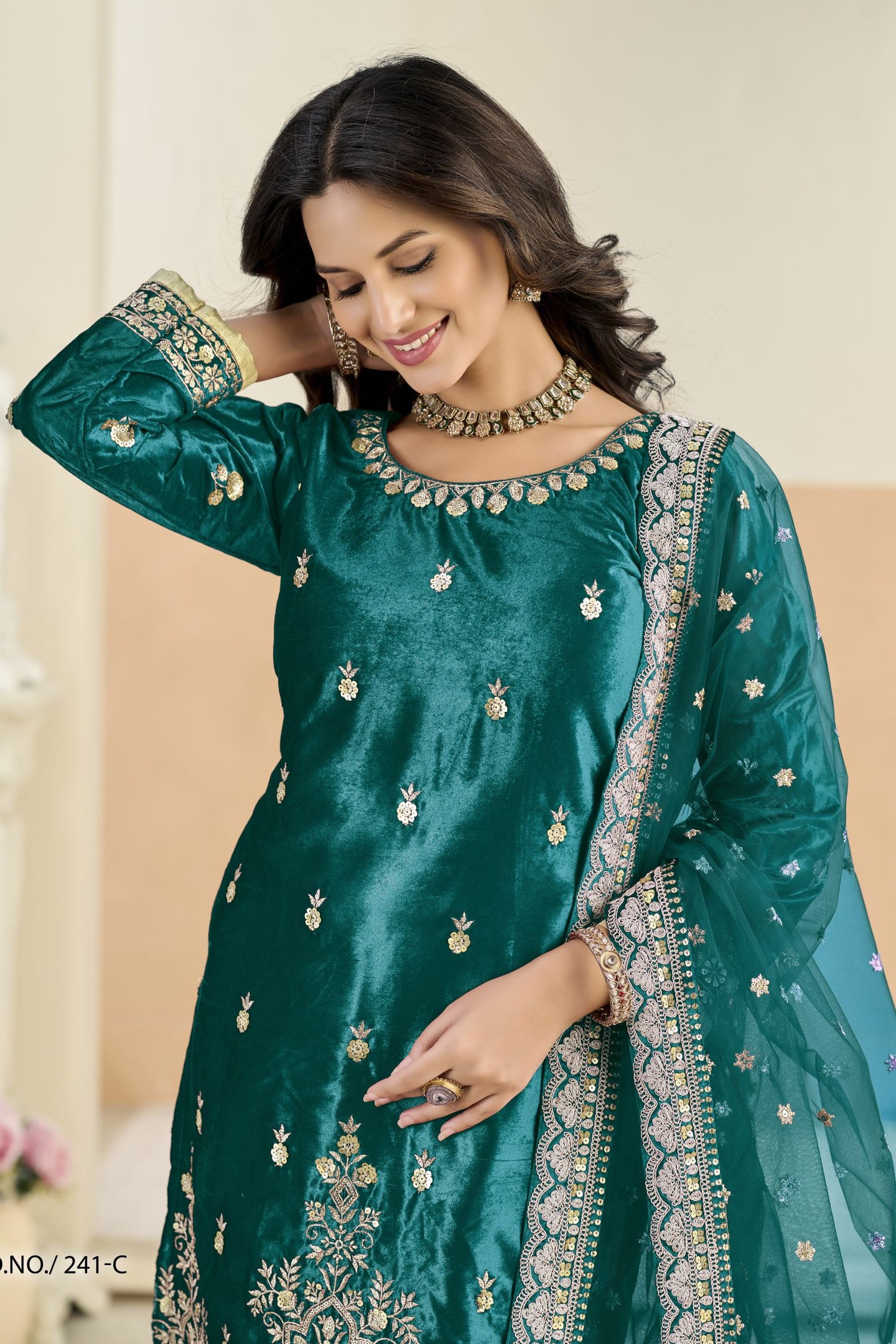 Teal Velvet Suit Women with Zari and Sequins Work