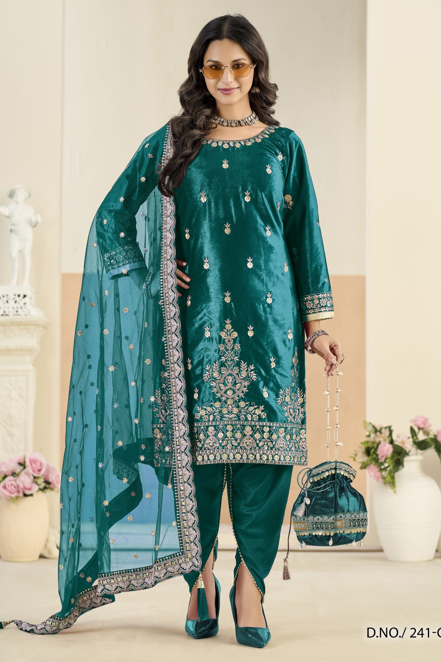 Teal Velvet Suit Women with Zari and Sequins Work