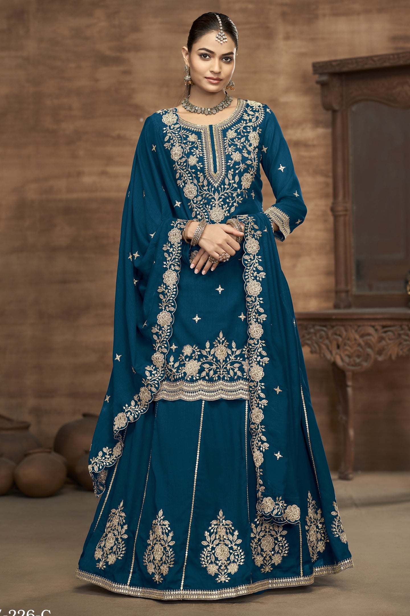 Teal Vichitra Silk Embroidered Pakistani Skirt Suit