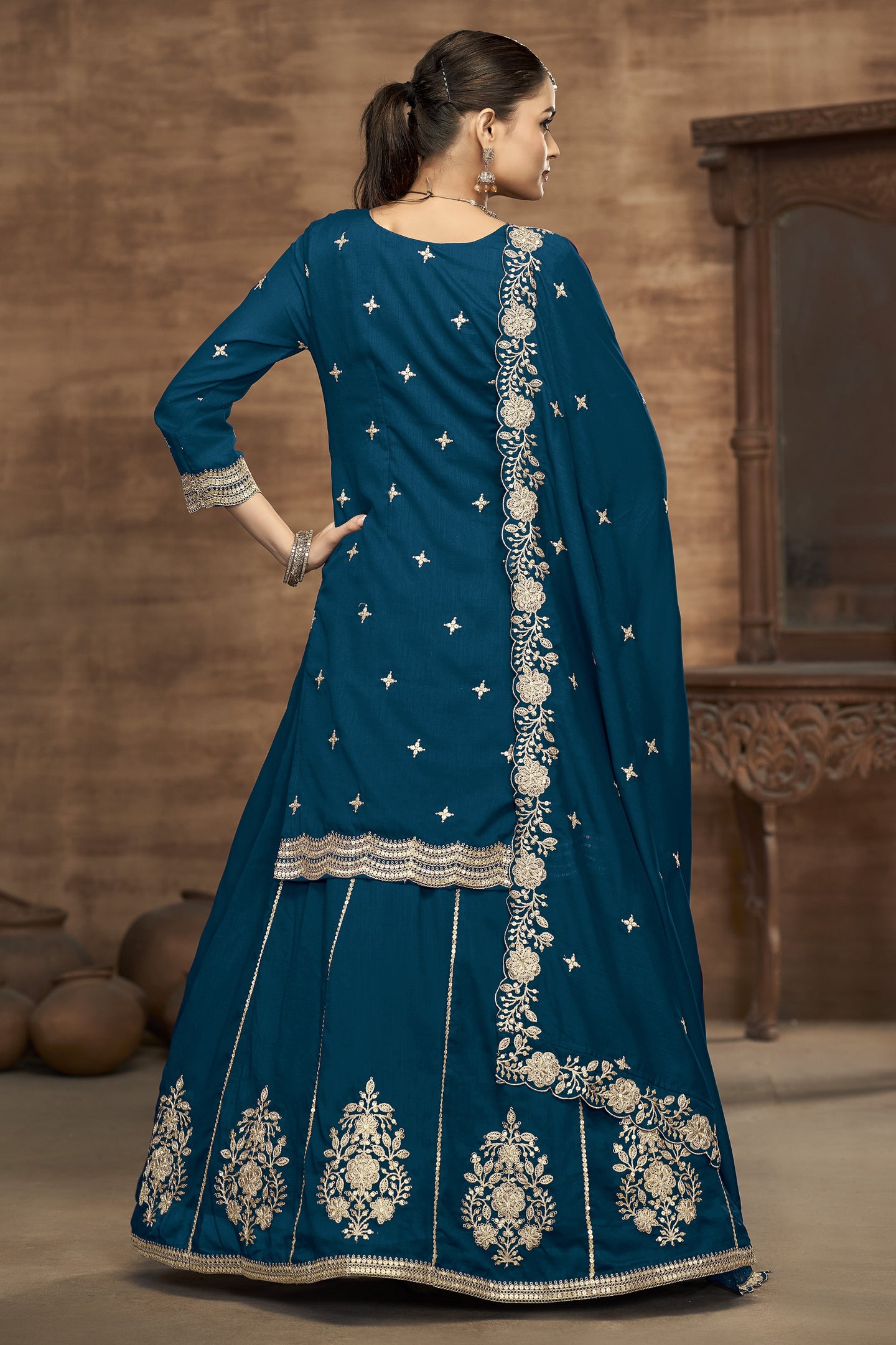 Teal Vichitra Silk Embroidered Pakistani Skirt Suit