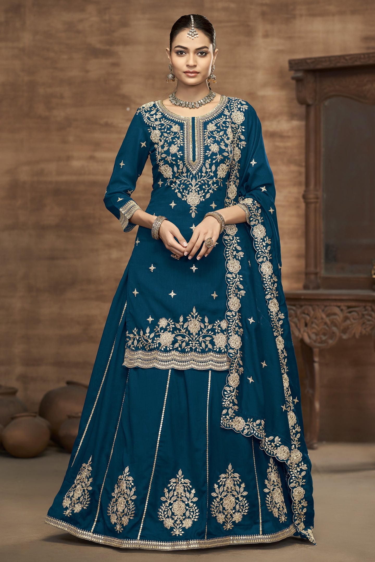 Teal Vichitra Silk Embroidered Pakistani Skirt Suit