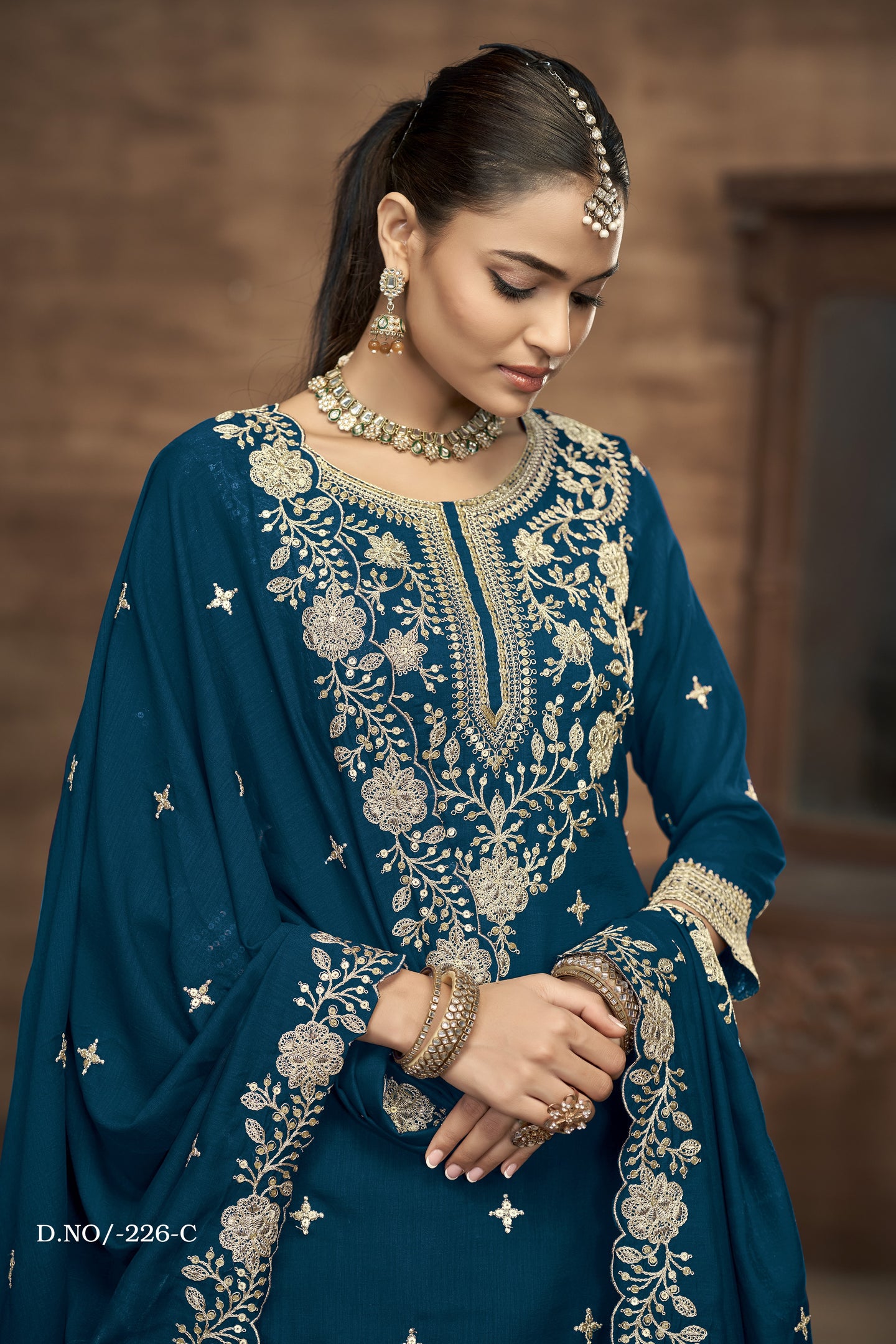 Teal Vichitra Silk Embroidered Pakistani Skirt Suit