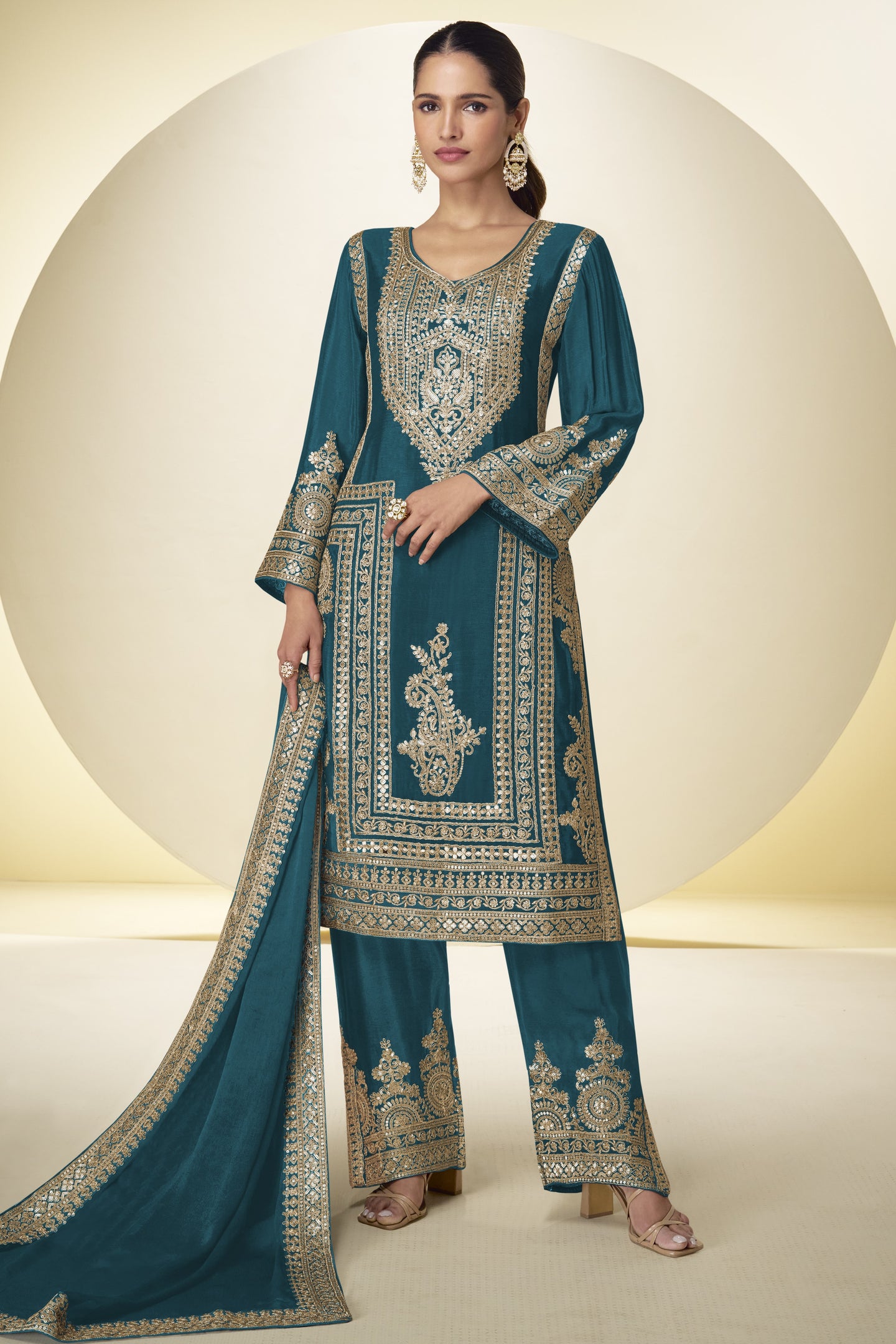 Teal Wedding Outfits: Chinon Silk Sequin Kameez & Pant Set