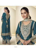 Teal Wedding Outfits: Chinon Silk Sequin Kameez & Pant Set