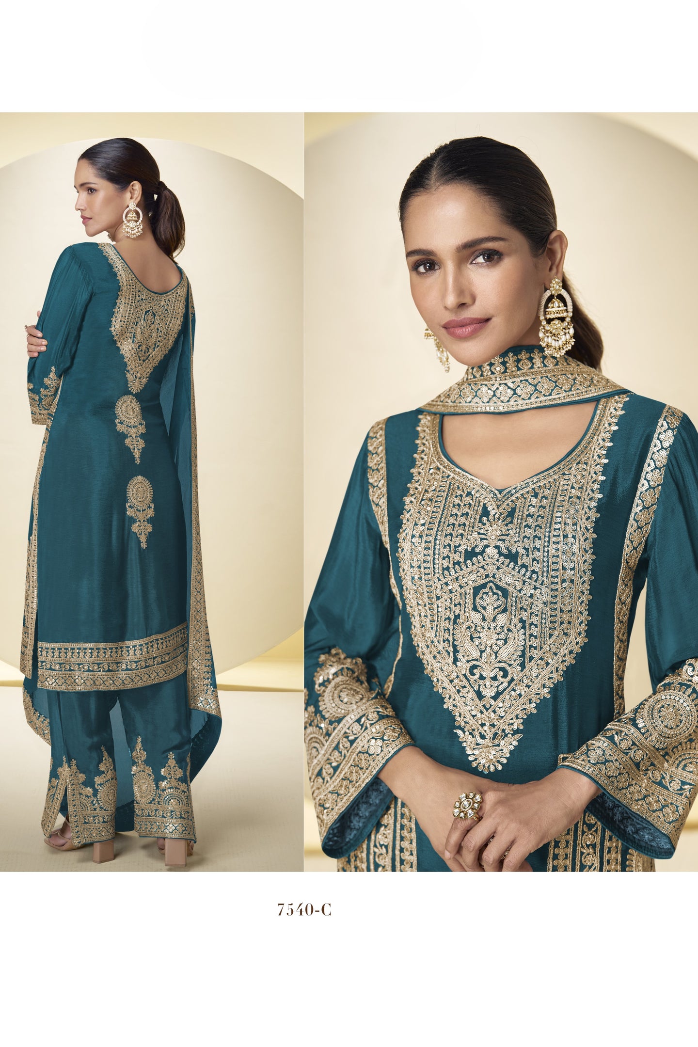 Teal Wedding Outfits: Chinon Silk Sequin Kameez & Pant Set