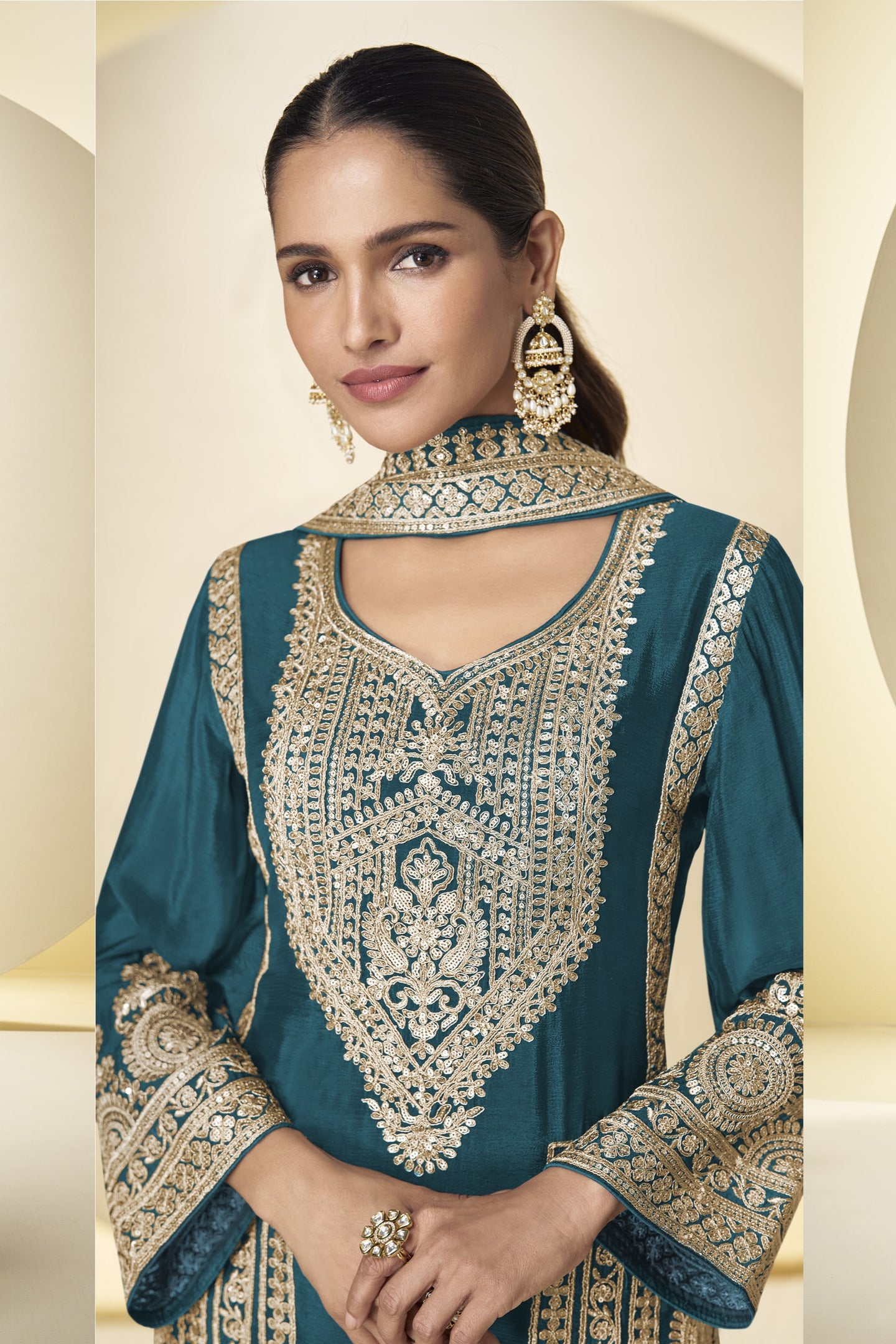 Teal Wedding Outfits: Chinon Silk Sequin Kameez & Pant Set