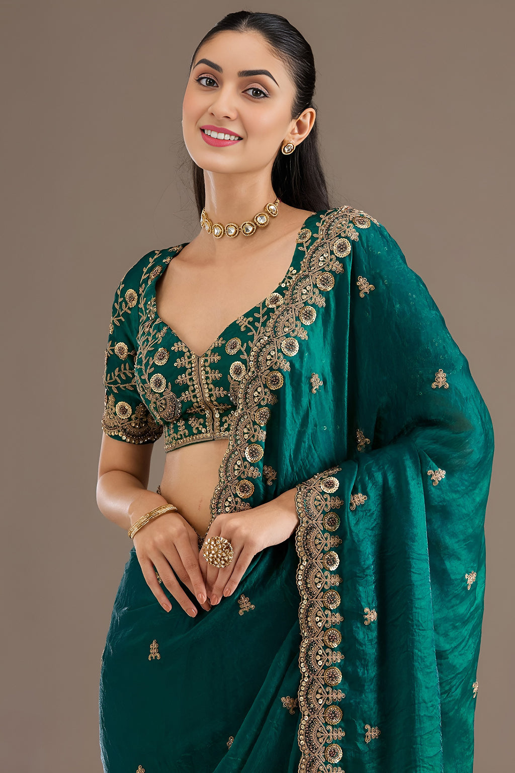 Rama Zari and Pearl Work Tissue Saree with Stitched Blouse