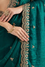 Rama Zari and Pearl Work Tissue Saree with Stitched Blouse