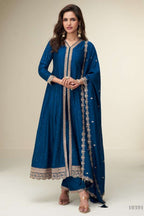 Teal Chinon Silk Designer Anarkali Suits USA with Thread and Sequins Embroidery