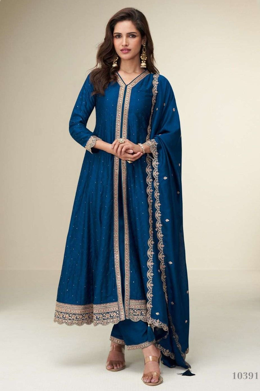 Teal Chinon Silk Designer Anarkali Suits USA with Thread and Sequins Embroidery