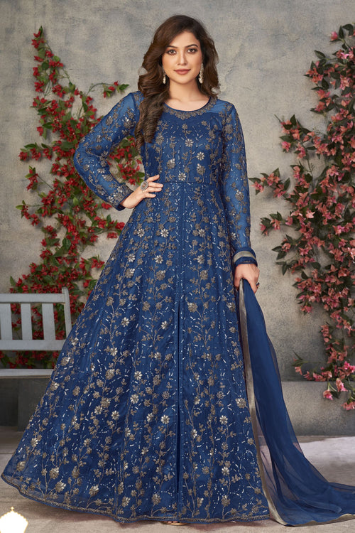 Blue Net Anarkali Dress for Women with Thread and Sequins Work