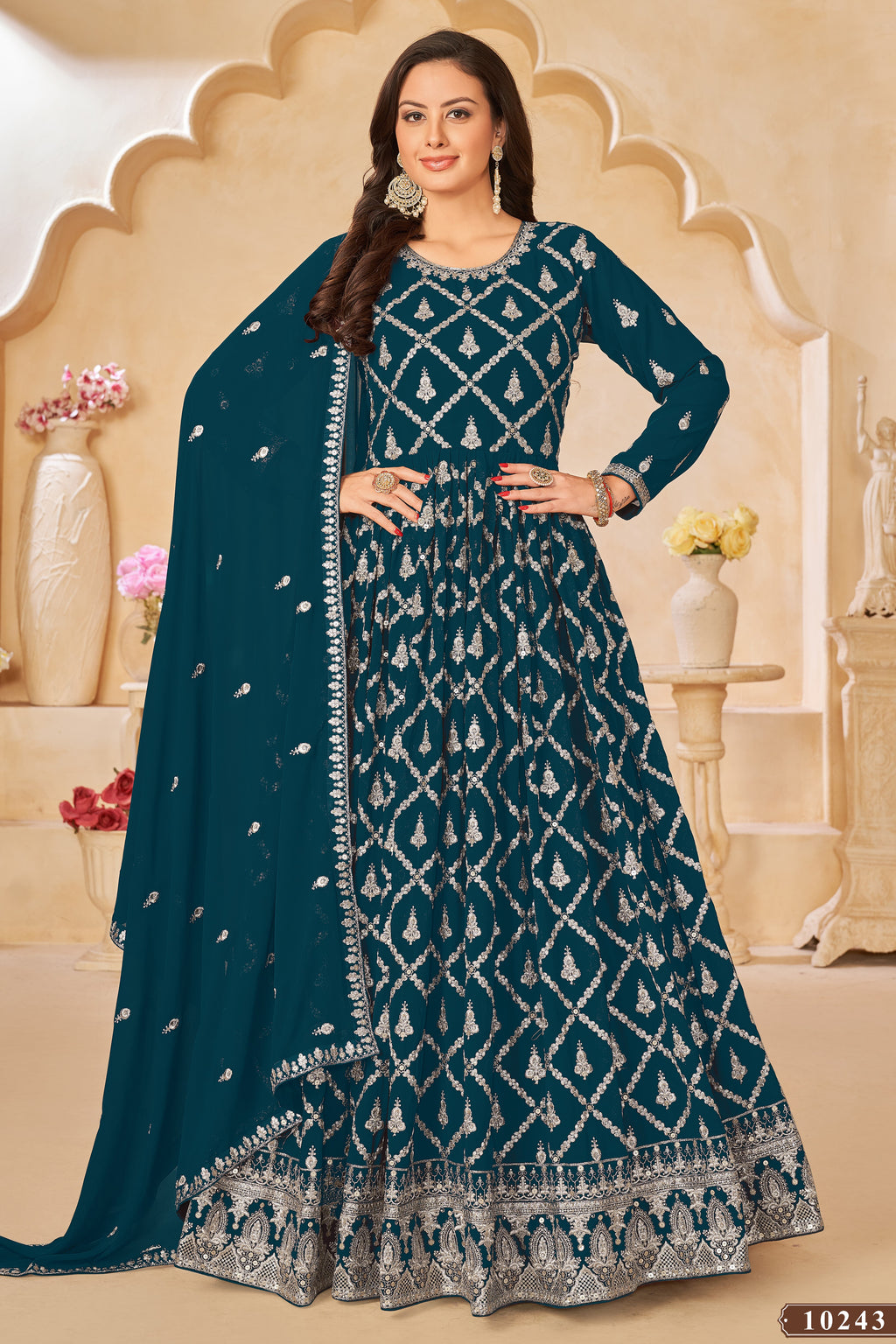 Teal Georgette Anarkali Wear with Sequins and Thread Work