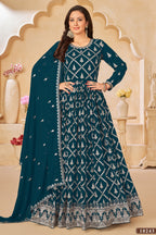 Teal Georgette Anarkali Wear with Sequins and Thread Work