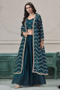 Teal Chinon Silk Thread Work Crop Top with Jacket and Palazzo
