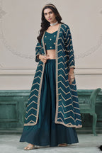 Teal Chinon Silk Thread Work Crop Top with Jacket and Palazzo