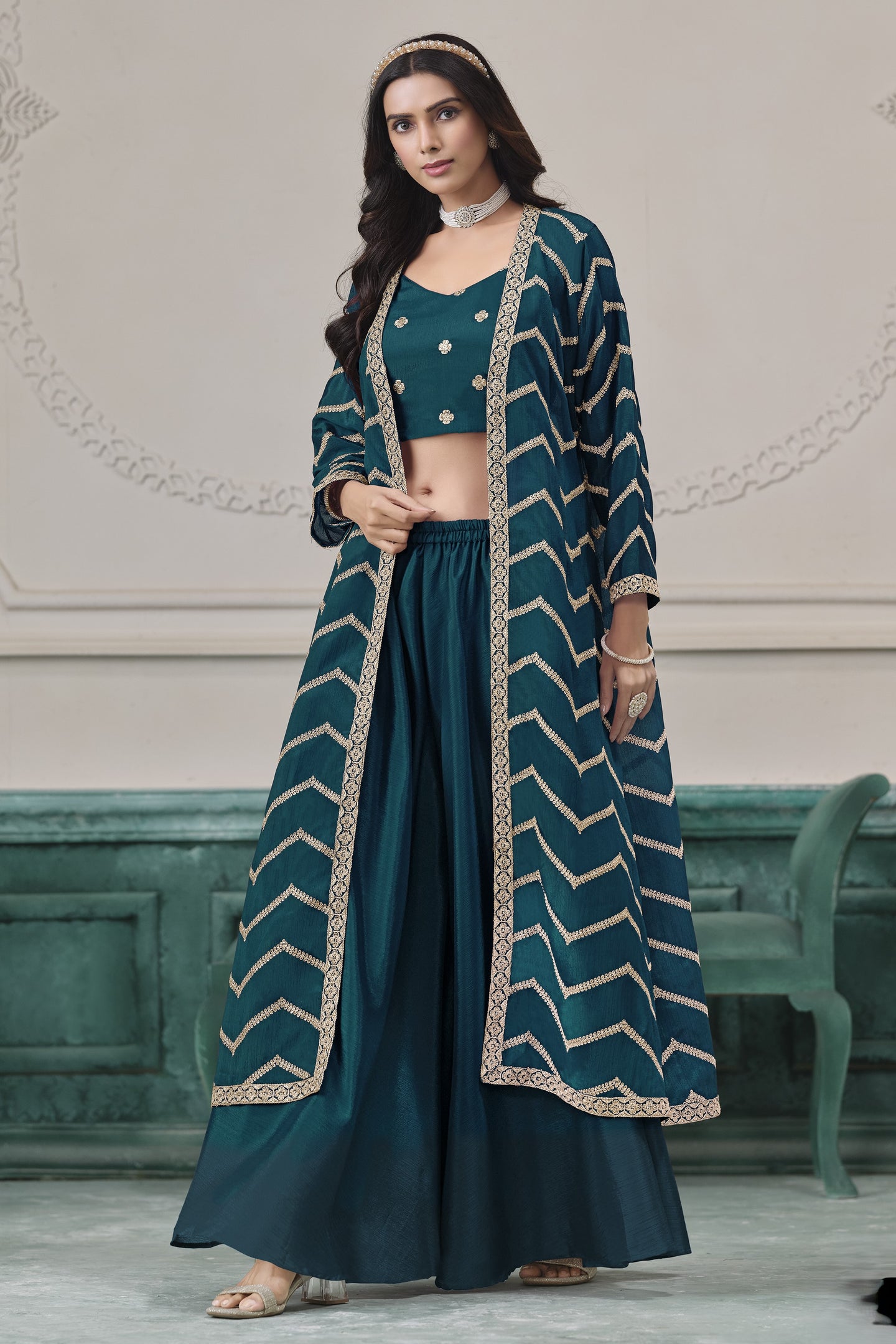 Teal Chinon Silk Thread Work Crop Top with Jacket and Palazzo