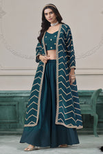Teal Chinon Silk Thread Work Crop Top with Jacket and Palazzo