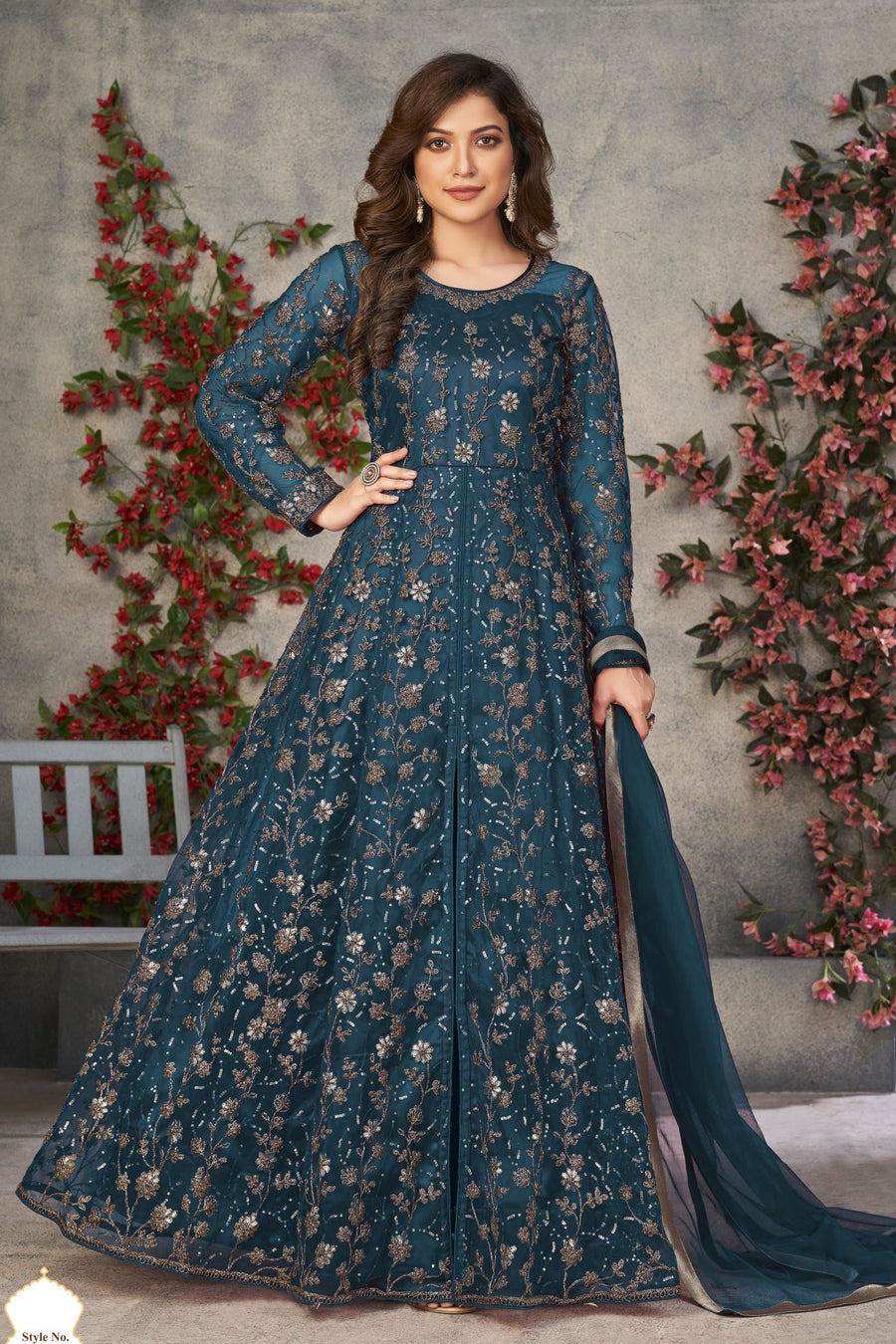Teal Net Anarkali for Designer Wedding Suits for Women with Sequins and Thread Work