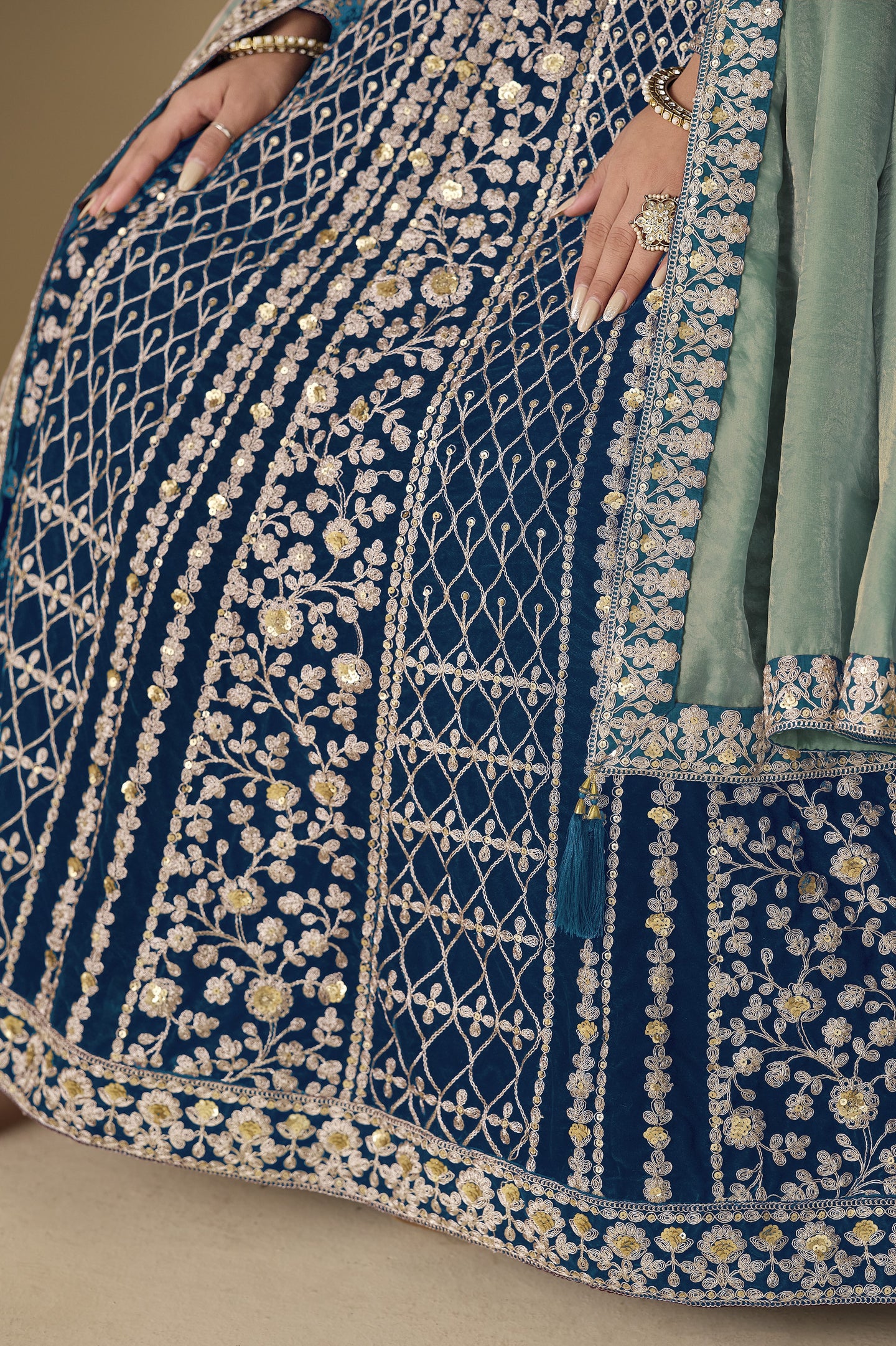 Teal Velvet Suit Women Anarkali with Dori and Sequins Work