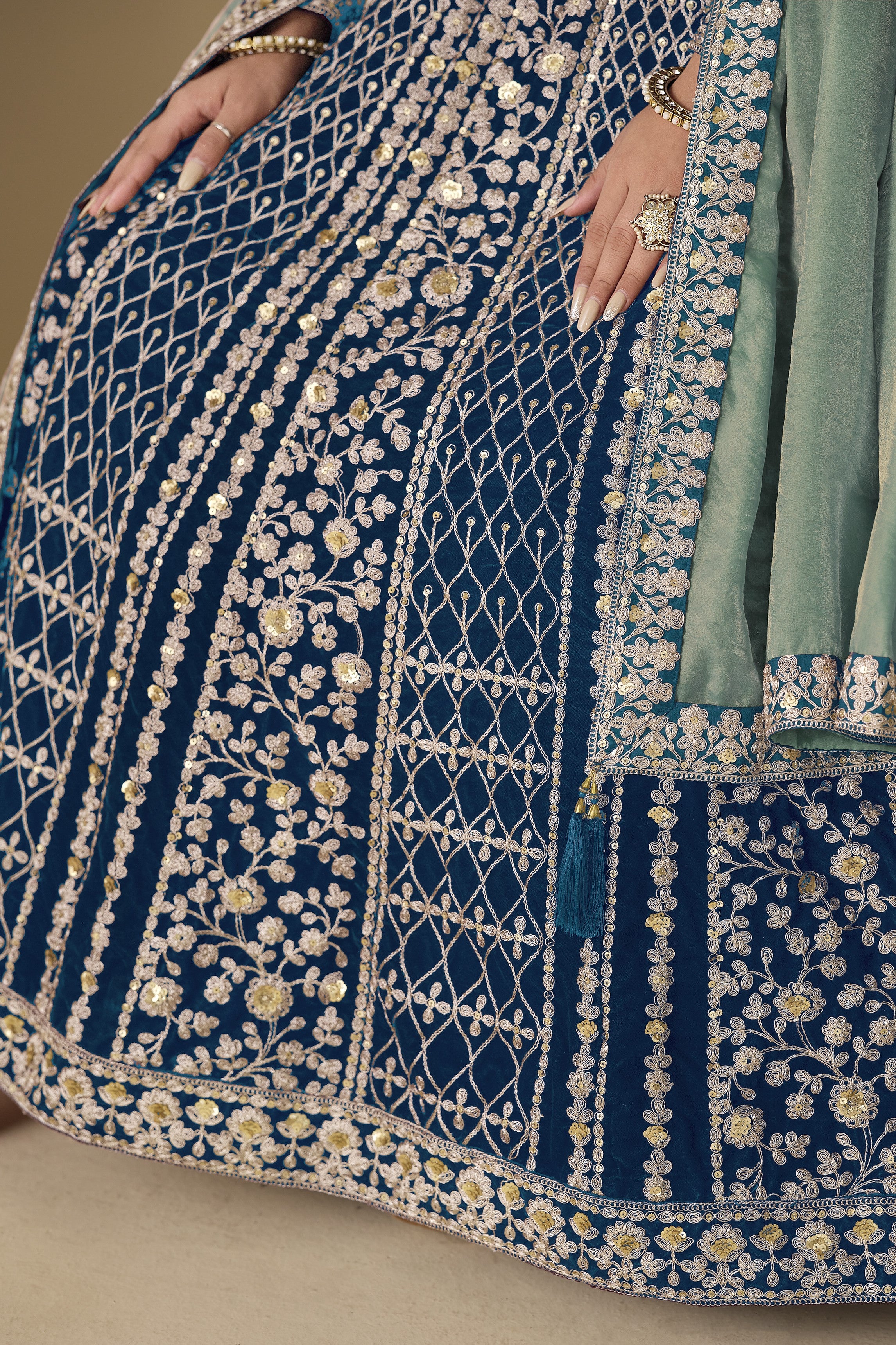 Teal Velvet Suit Women Anarkali with Dori and Sequins Work