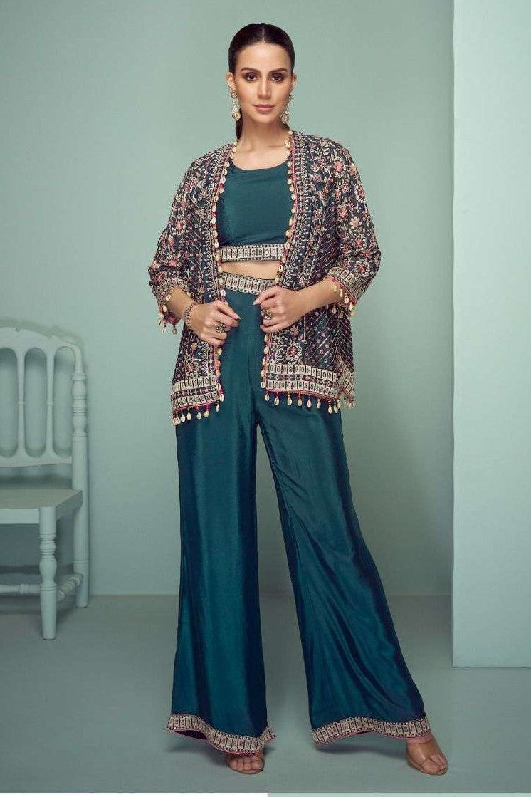 Teal Chinon Silk Indian Wedding Dresses with Mirror Work