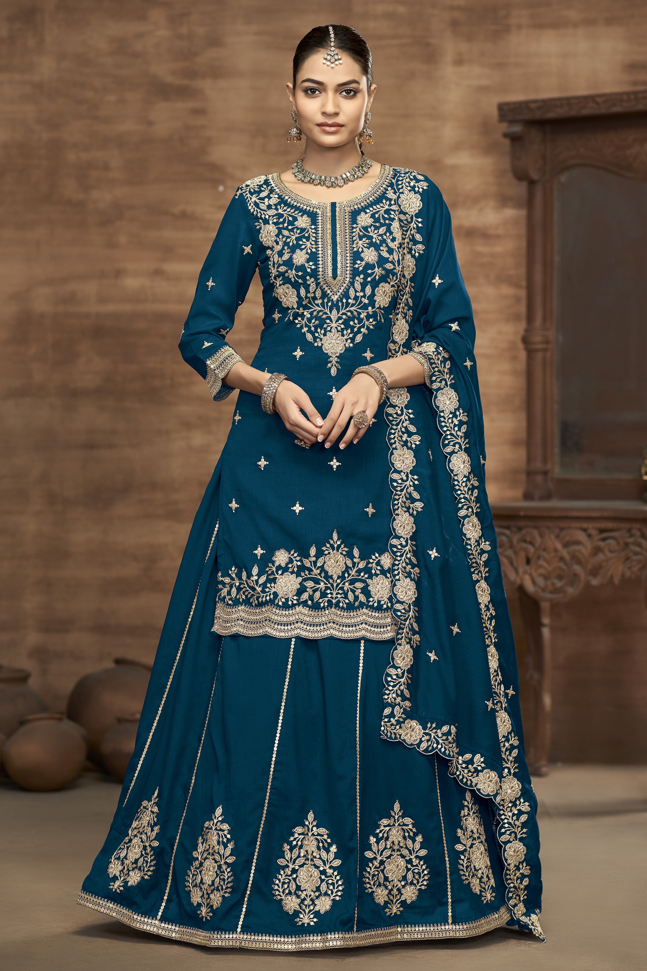 Teal Vichitra Silk Embroidered Pakistani Skirt Suit