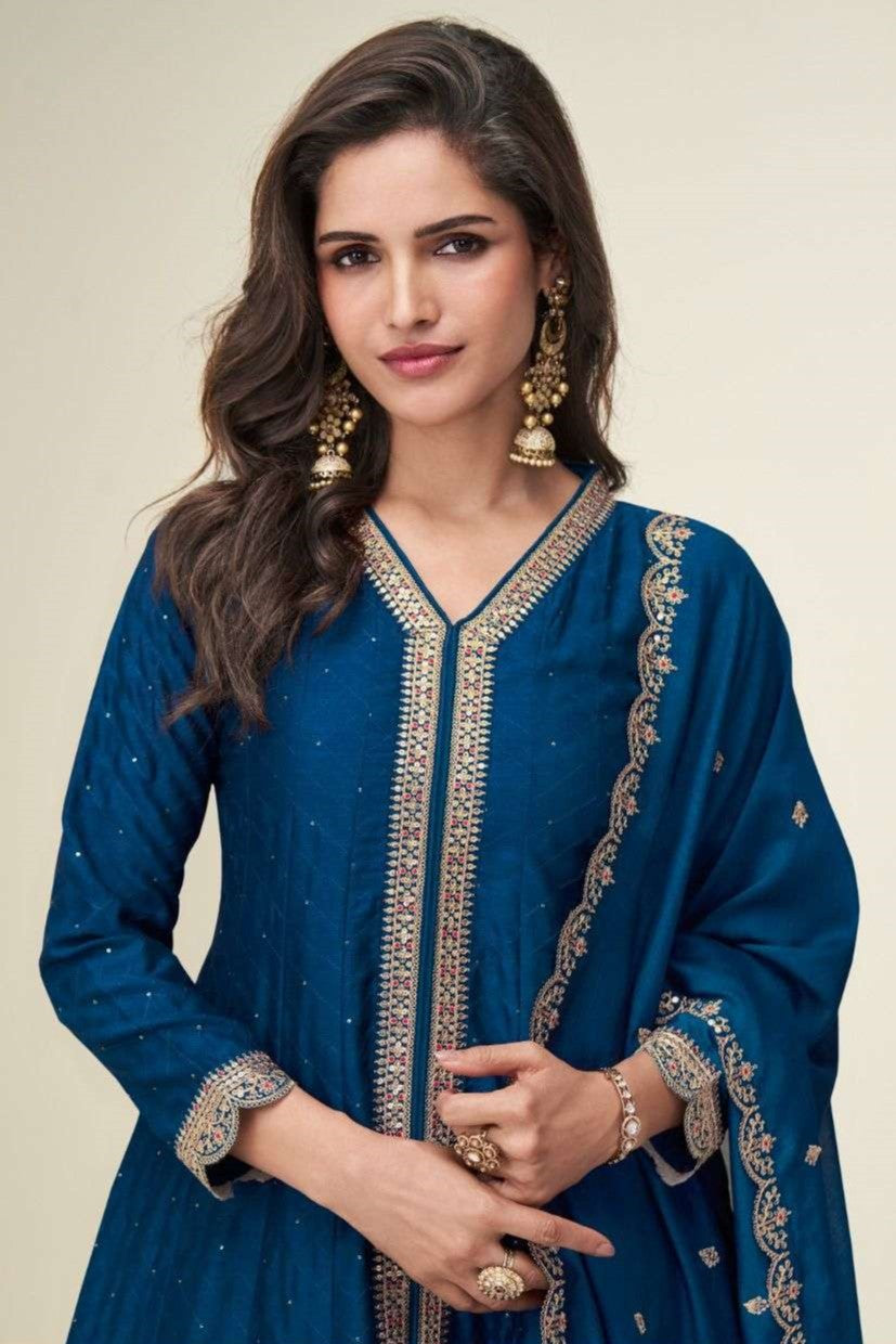 Teal Chinon Silk Designer Anarkali Suits USA with Thread and Sequins Embroidery