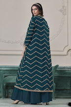 Teal Chinon Silk Thread Work Crop Top with Jacket and Palazzo