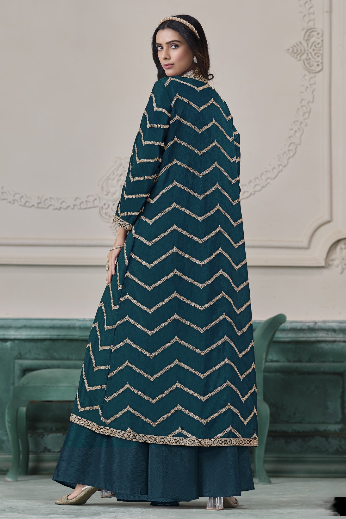 Teal Chinon Silk Thread Work Crop Top with Jacket and Palazzo