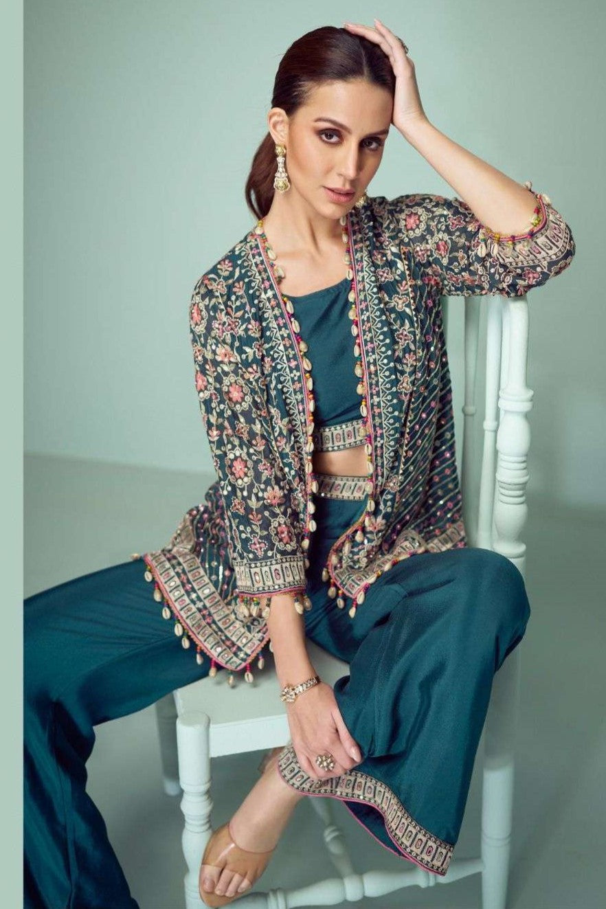 Teal Chinon Silk Indian Wedding Dresses with Mirror Work