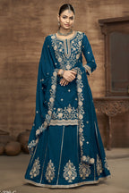 Teal Vichitra Silk Embroidered Pakistani Skirt Suit