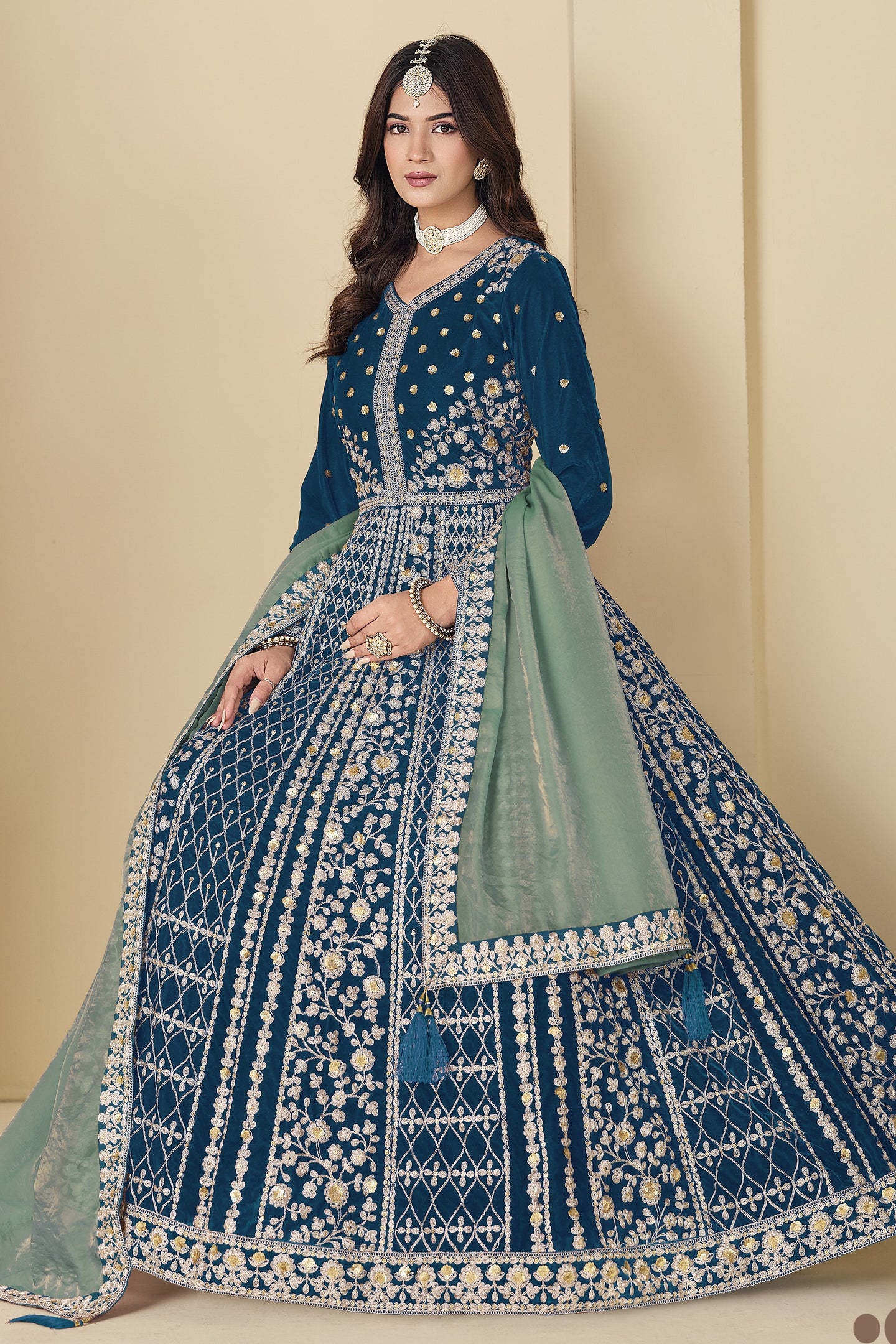 Teal Velvet Suit Women Anarkali with Dori and Sequins Work