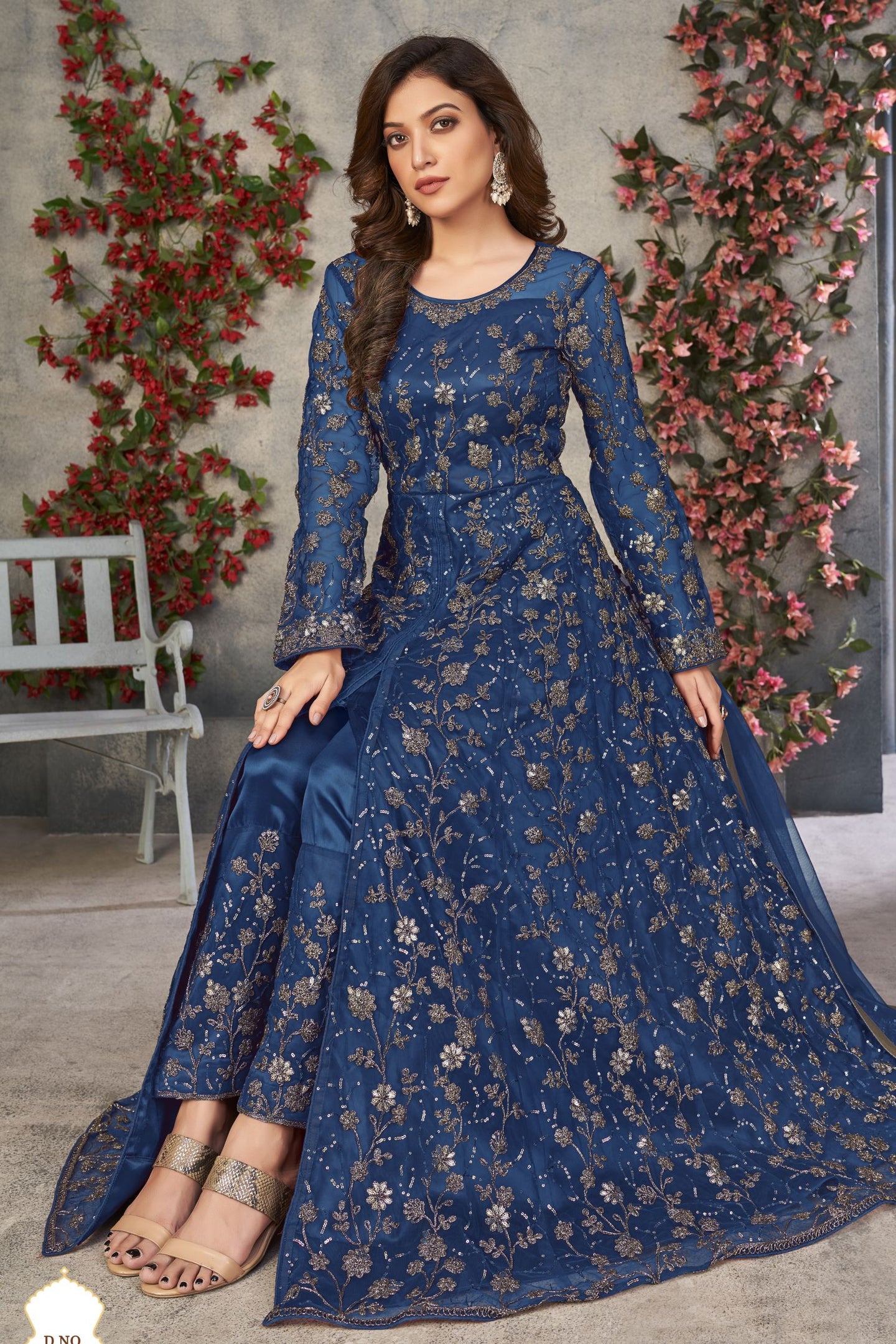 Blue Net Anarkali Dress for Women with Thread and Sequins Work