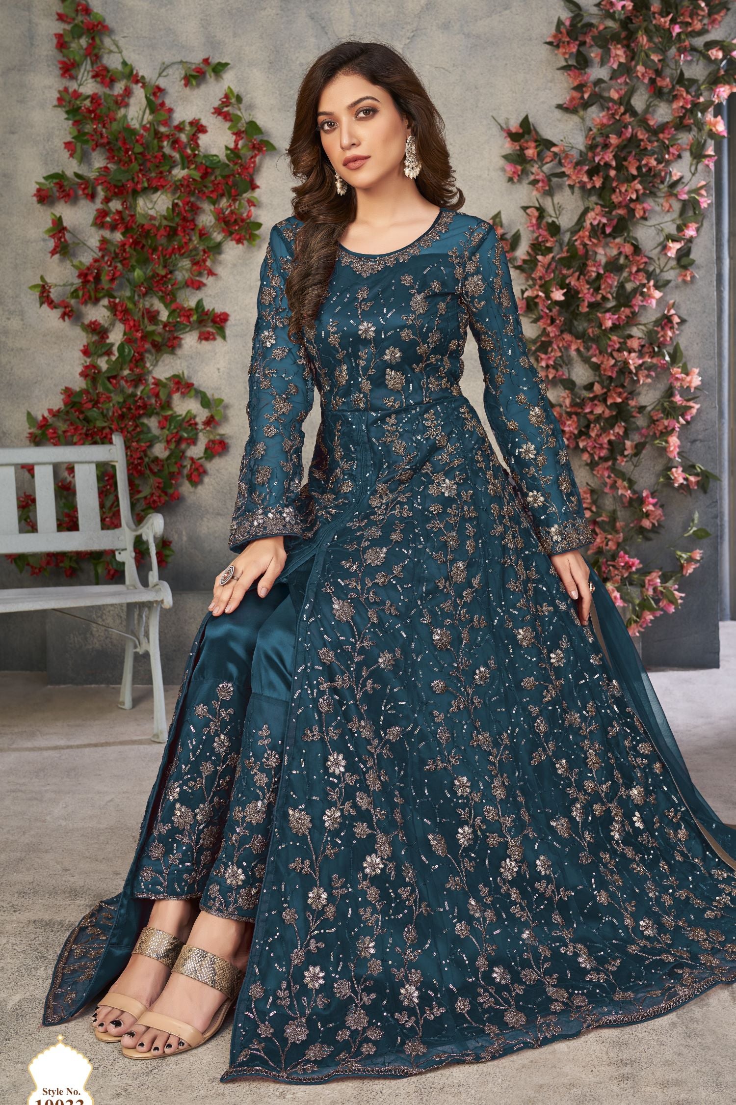 Teal Net Anarkali for Designer Wedding Suits for Women with Sequins and Thread Work