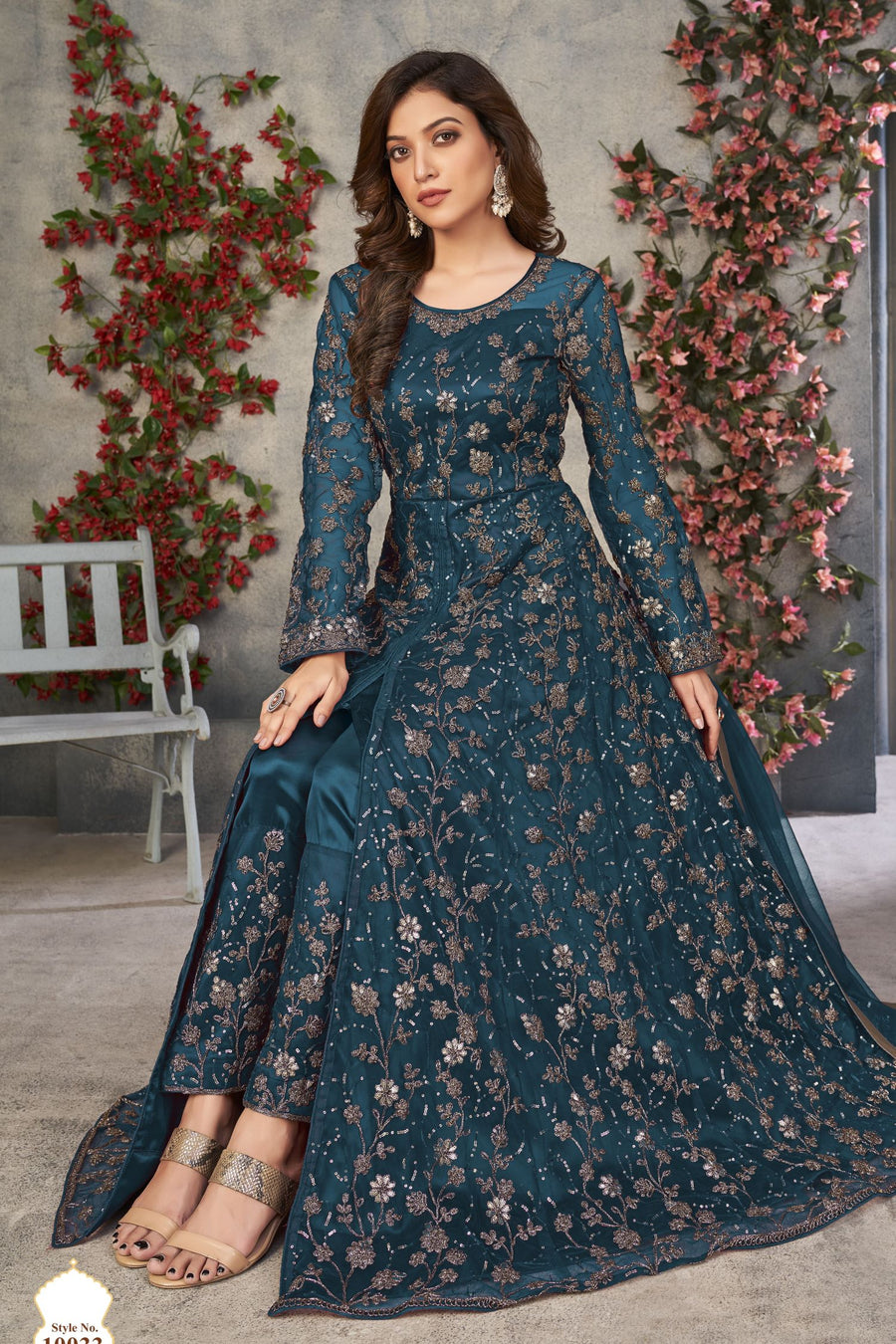 Teal Net Anarkali for Designer Wedding Suits for Women with Sequins and Thread Work