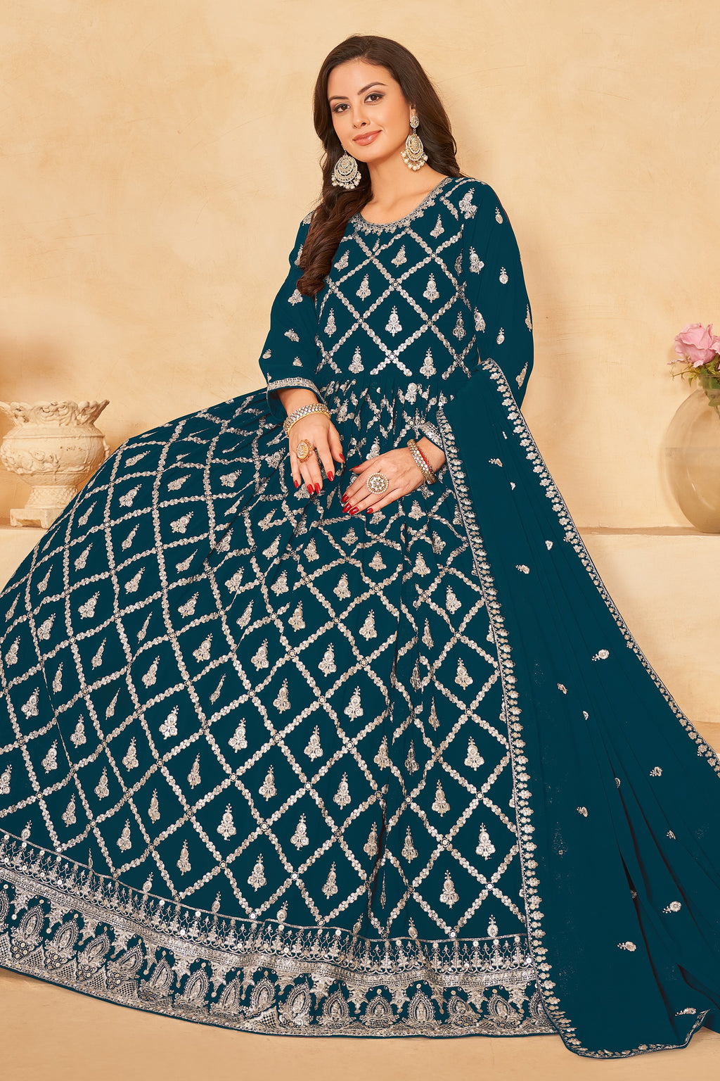 Teal Georgette Anarkali Wear with Sequins and Thread Work
