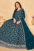 Teal Georgette Anarkali Wear with Sequins and Thread Work