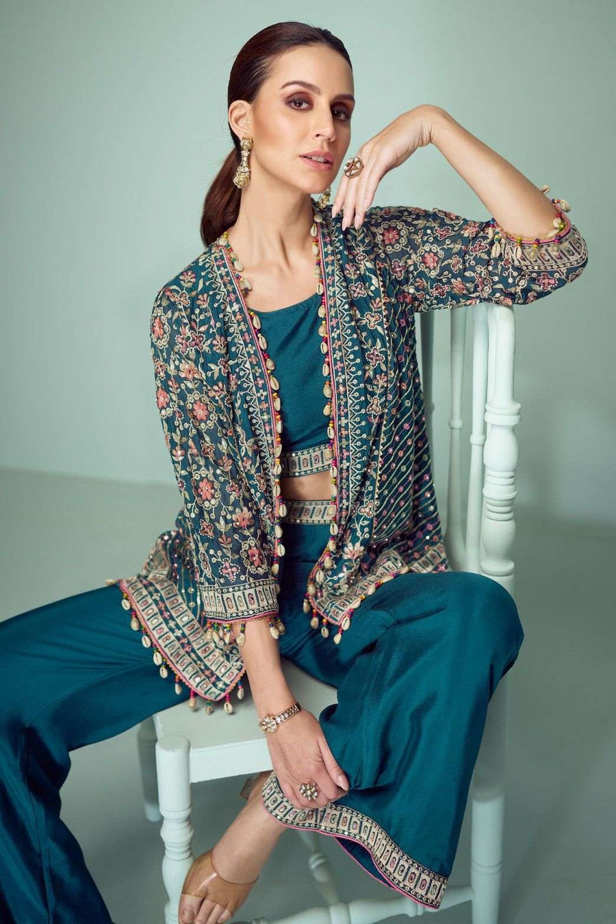 Teal Chinon Silk Indian Wedding Dresses with Mirror Work