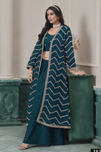 Teal Chinon Silk Thread Work Crop Top with Jacket and Palazzo