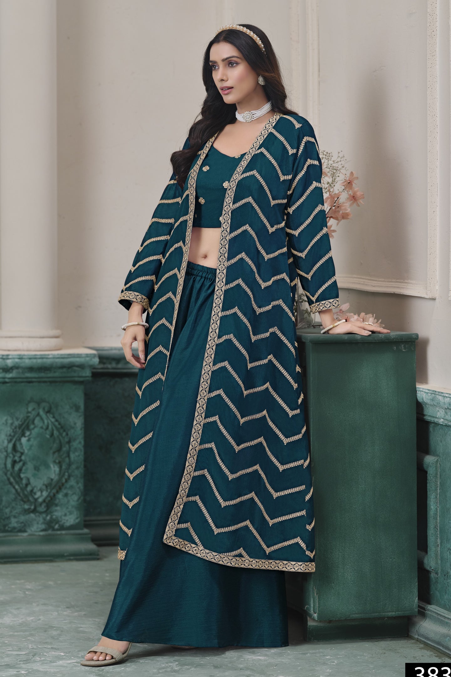 Teal Chinon Silk Thread Work Crop Top with Jacket and Palazzo