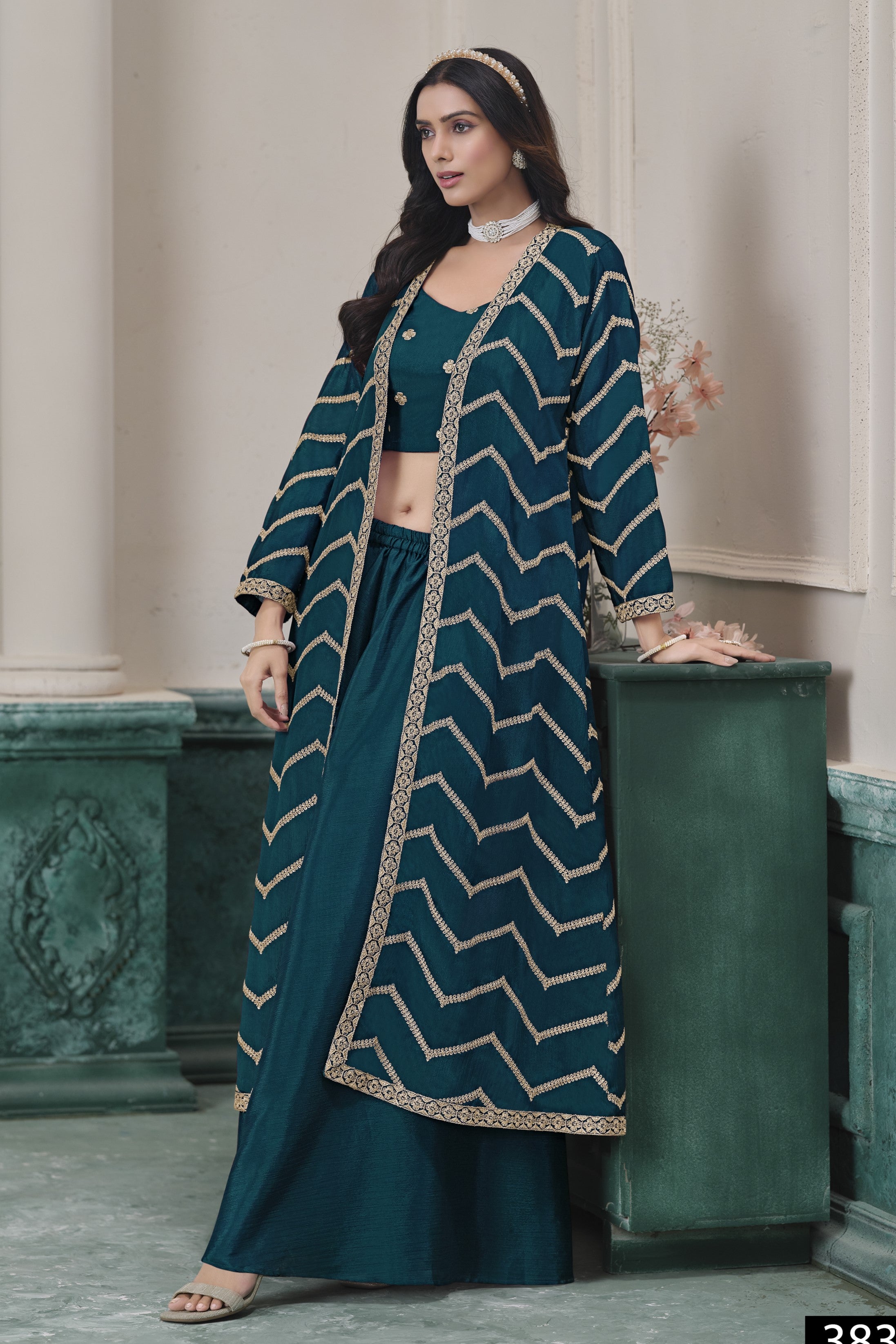 Teal Chinon Silk Thread Work Crop Top with Jacket and Palazzo