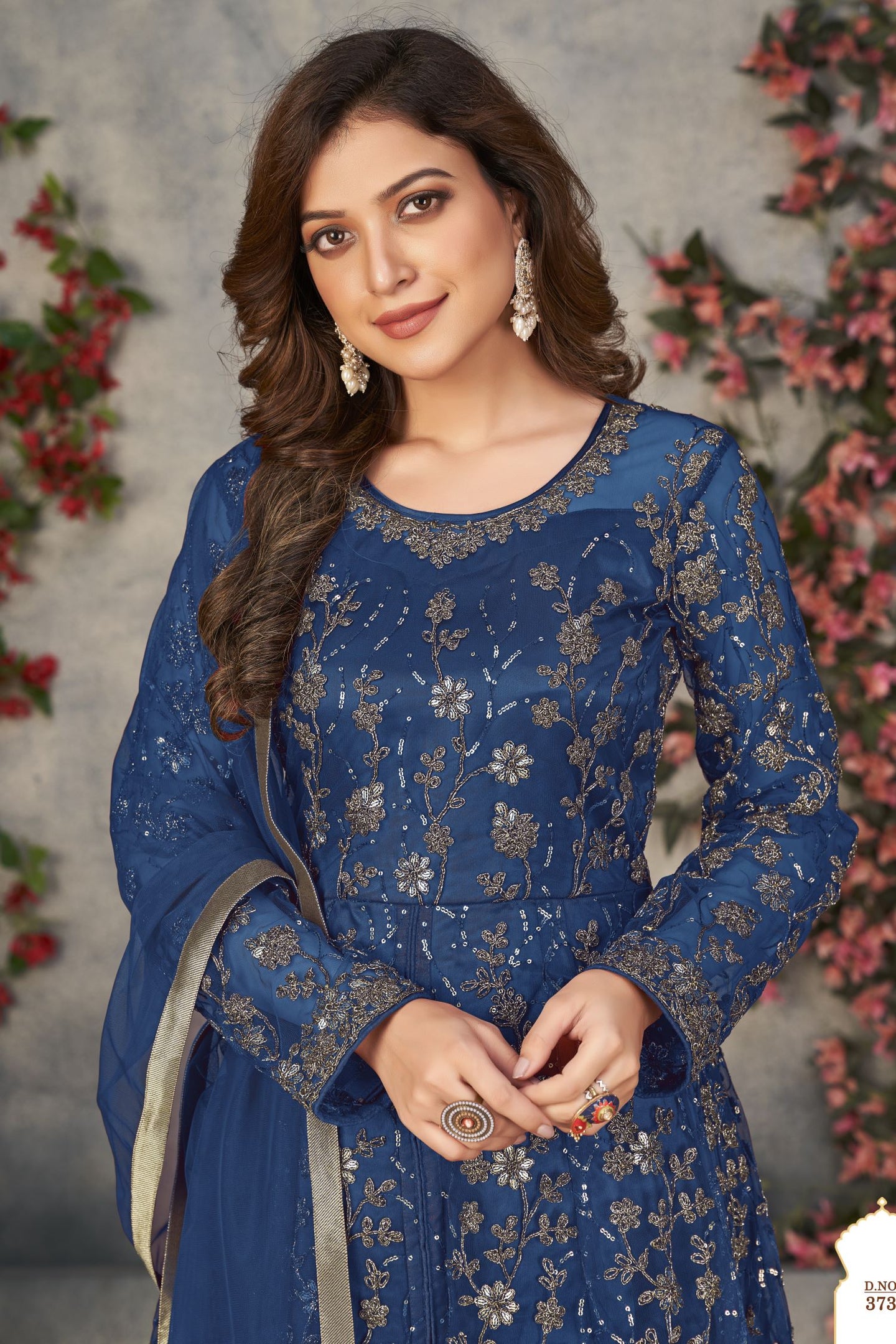 Blue Net Anarkali Dress for Women with Thread and Sequins Work