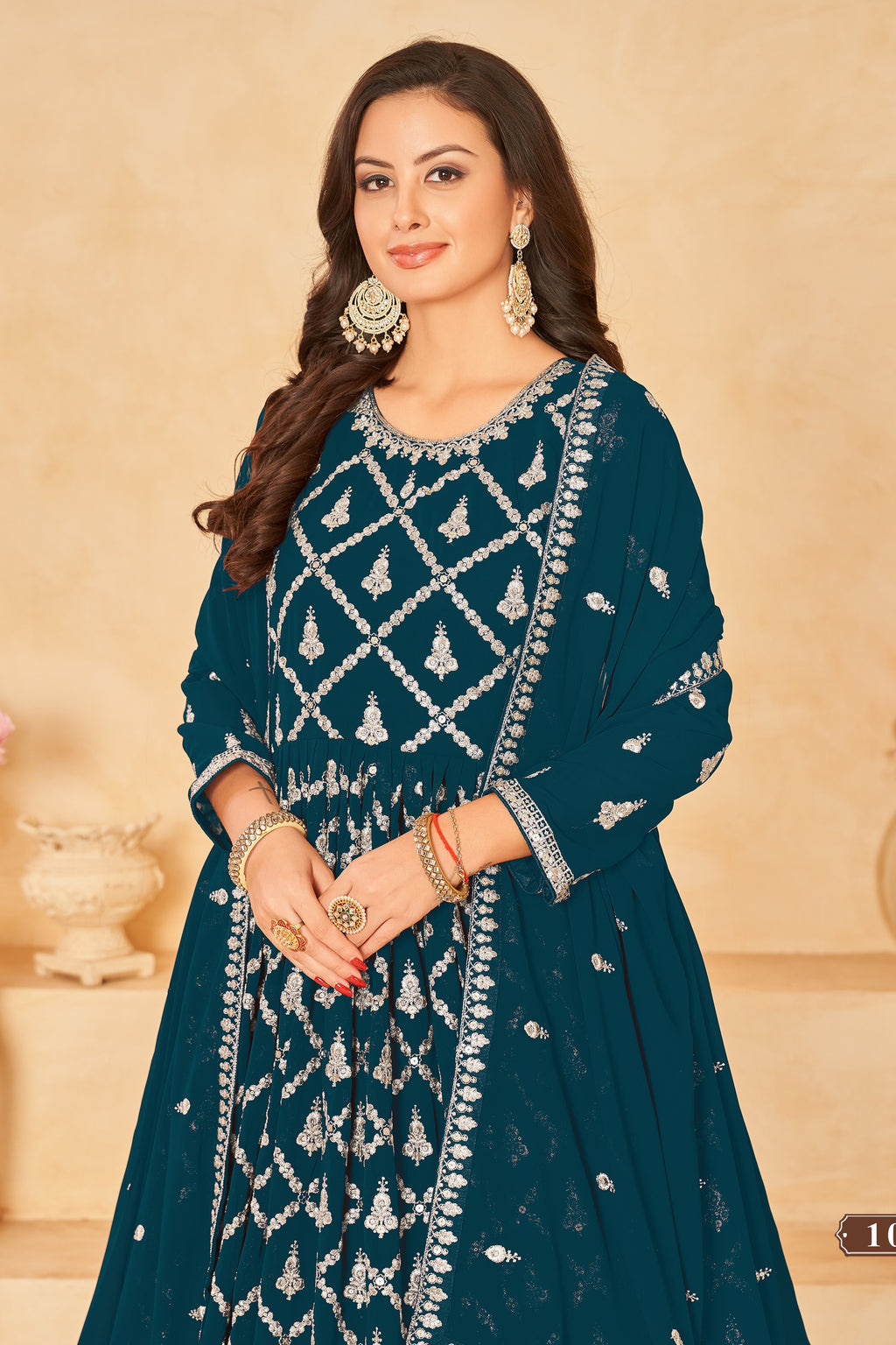 Teal Georgette Anarkali Wear with Sequins and Thread Work