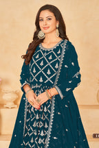 Teal Georgette Anarkali Wear with Sequins and Thread Work