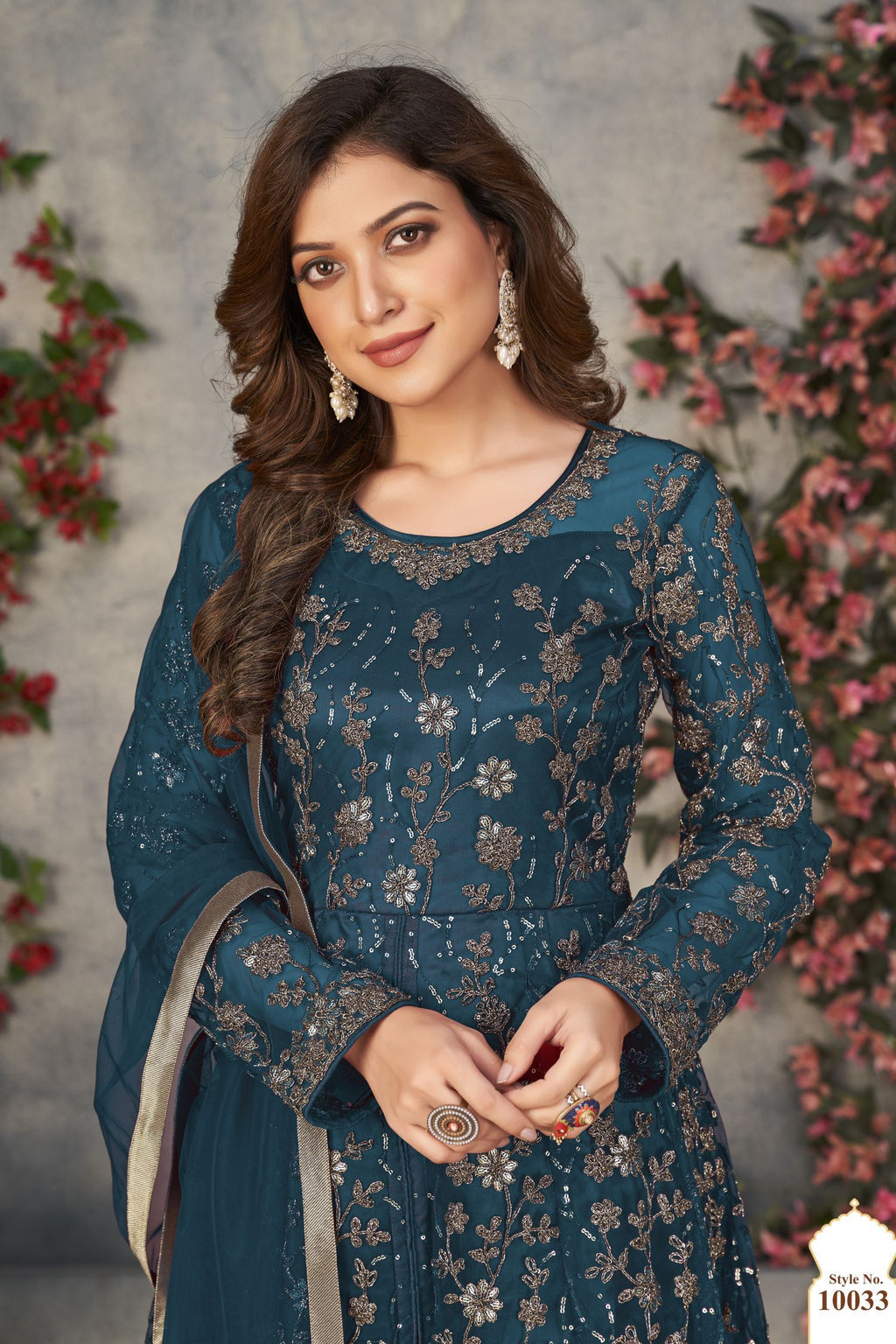 Teal Net Anarkali for Designer Wedding Suits for Women with Sequins and Thread Work