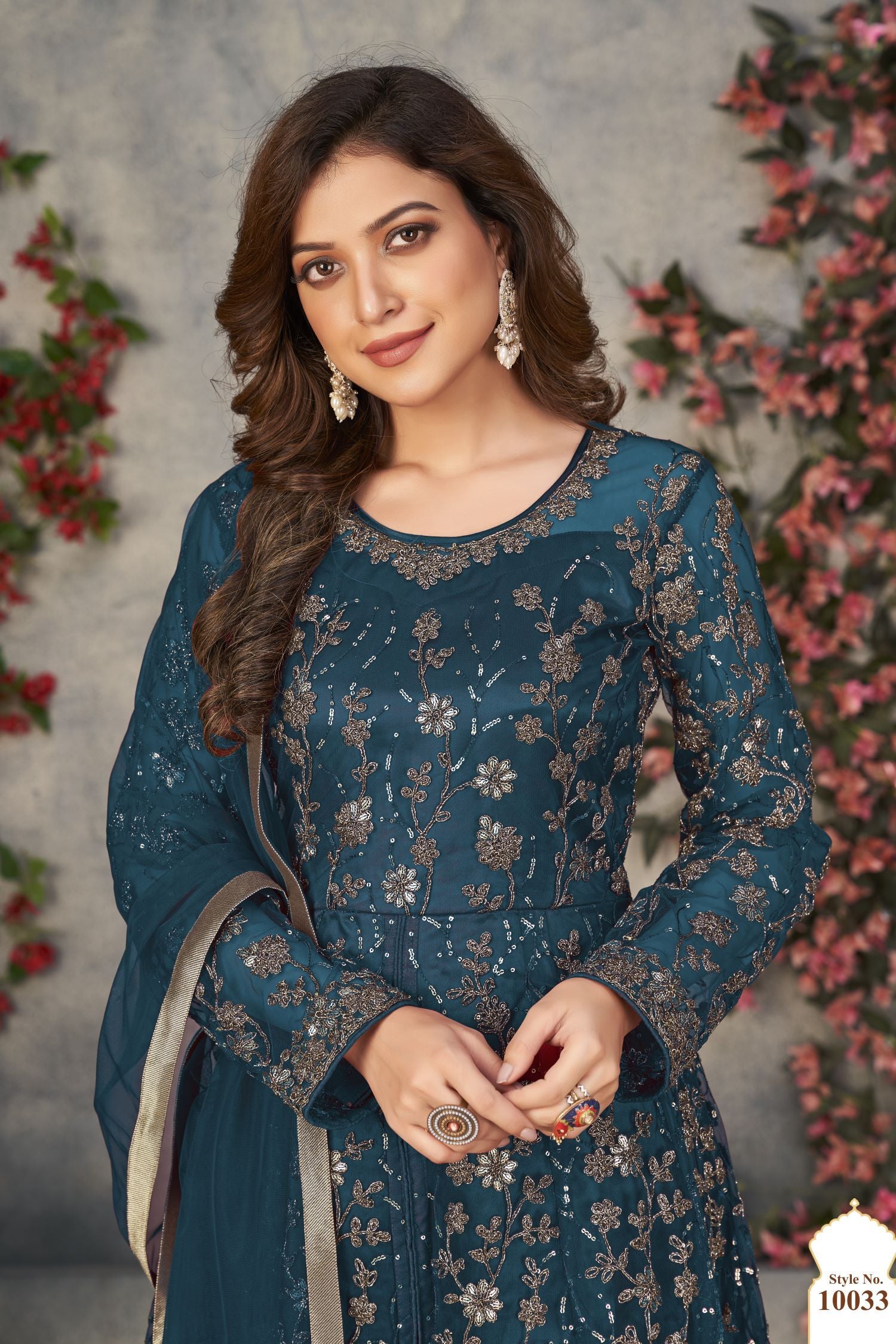 Teal Net Anarkali for Designer Wedding Suits for Women with Sequins and Thread Work