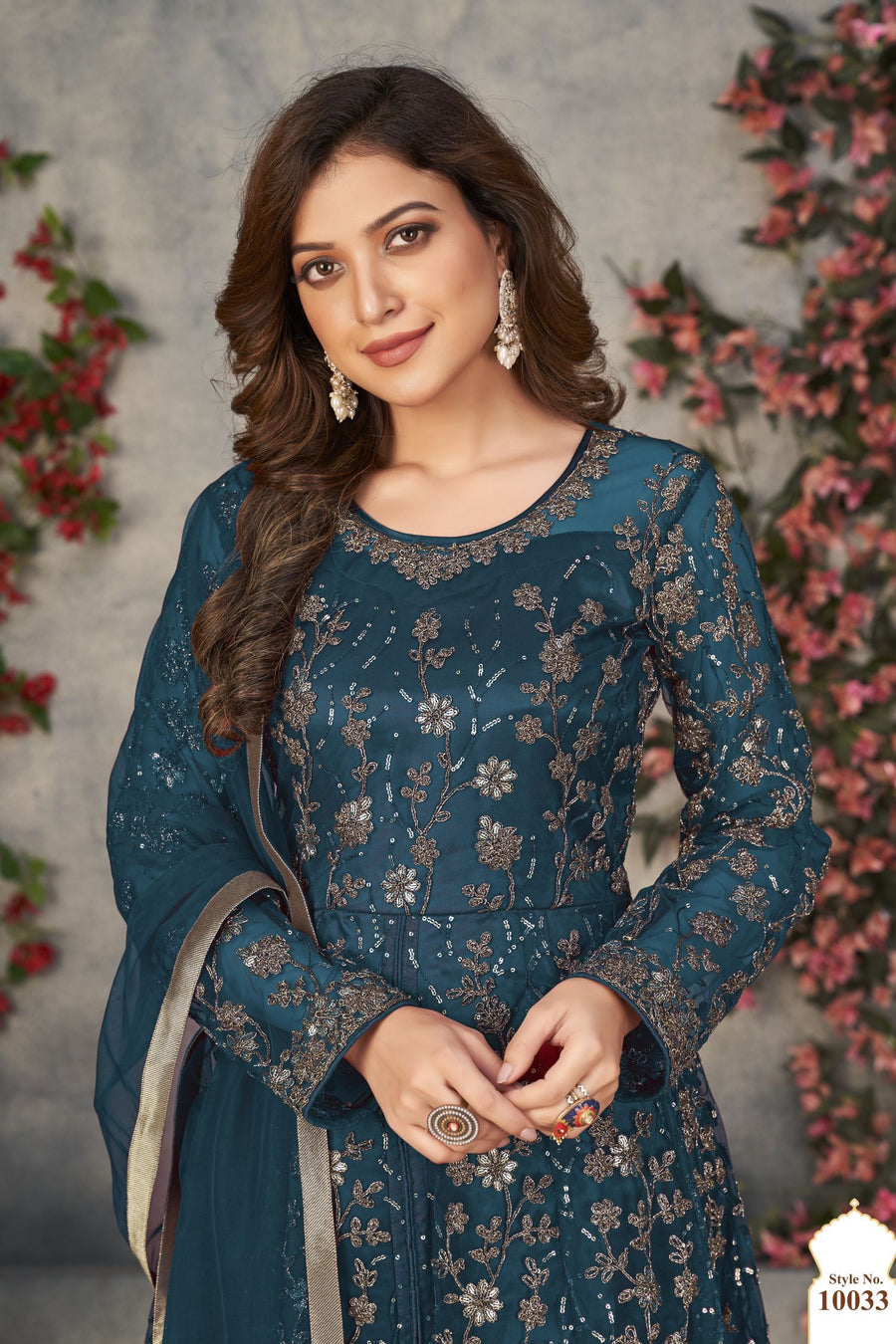 Teal Net Anarkali for Designer Wedding Suits for Women with Sequins and Thread Work