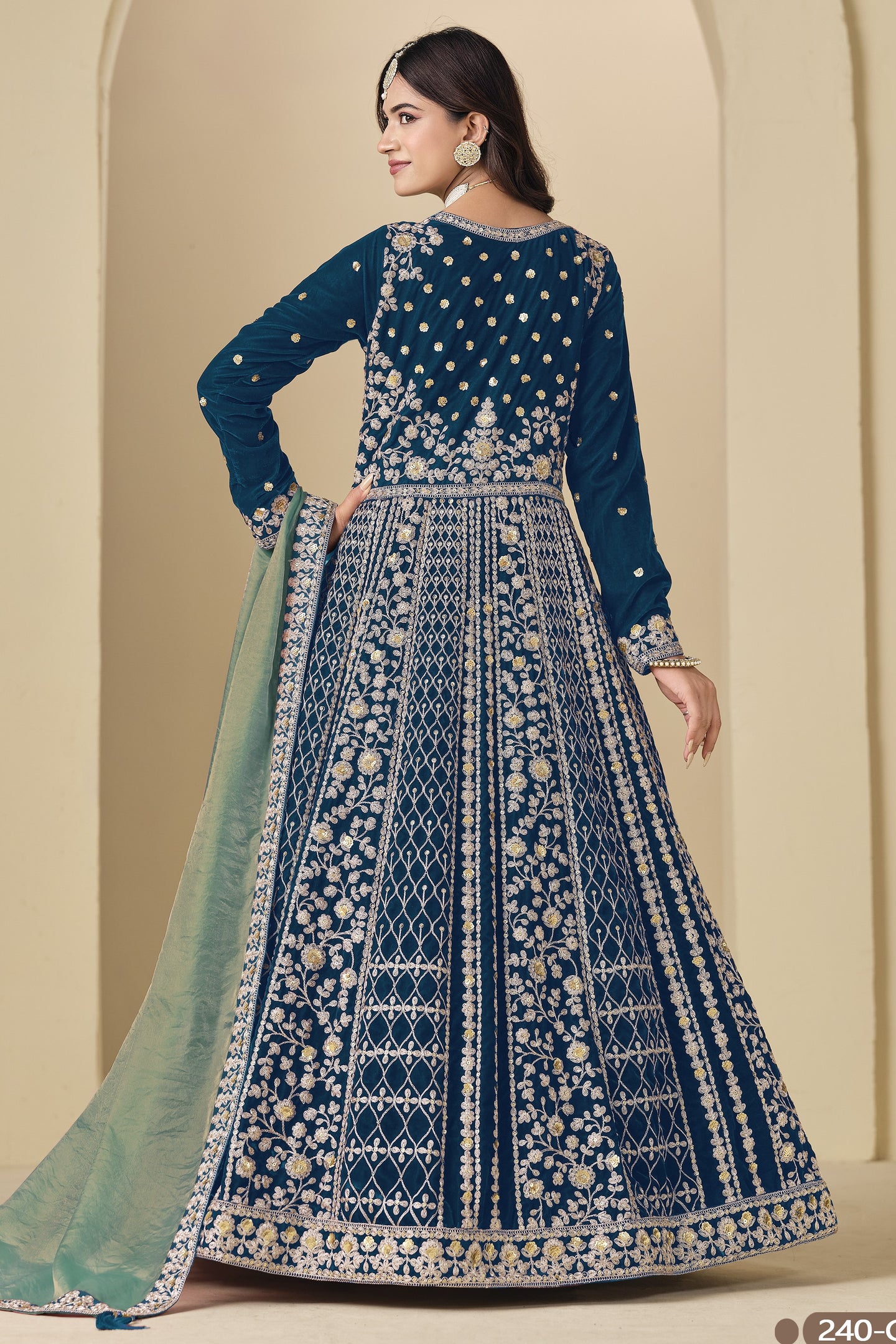 Teal Velvet Suit Women Anarkali with Dori and Sequins Work