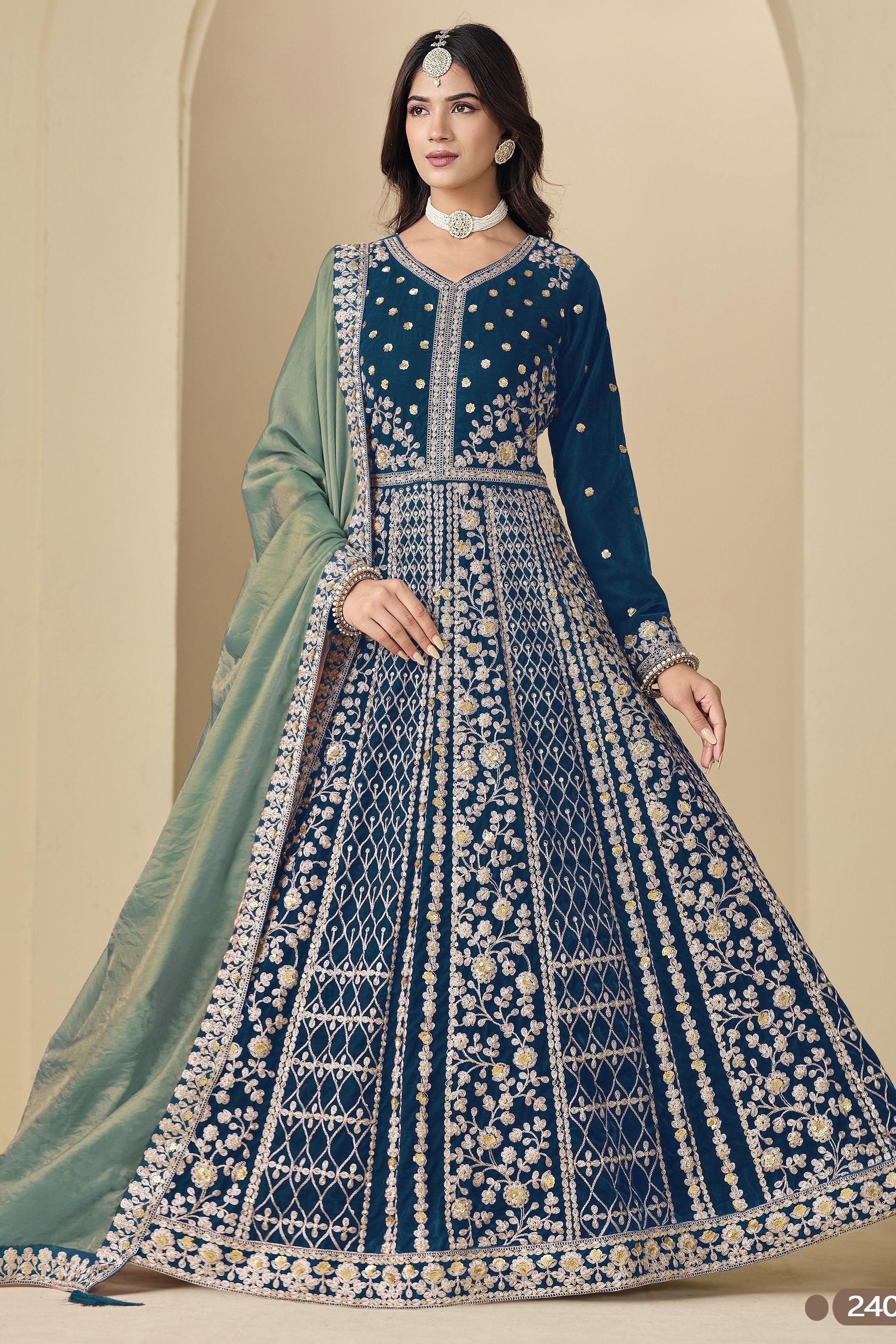 Teal Velvet Suit Women Anarkali with Dori and Sequins Work 44