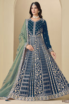 Teal Velvet Suit Women Anarkali with Dori and Sequins Work